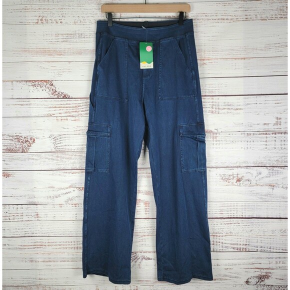 Halara Pants Womens Large Petite Blue Cargo Pull On Stretch Wide Leg Casual NWT - Picture 1 of 10